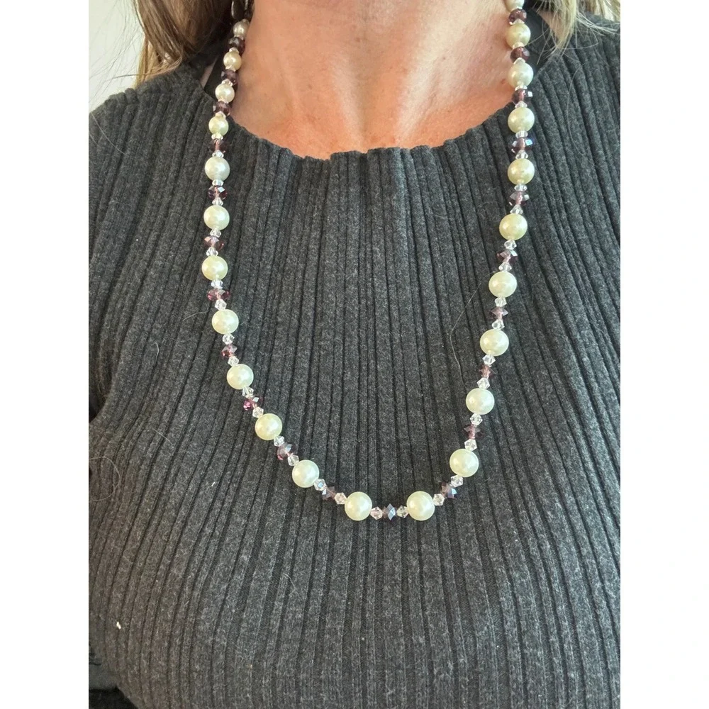 Y2K Vintage Beaded Necklace Womens Cream Purple Pearl Crystal‎ Style Classic